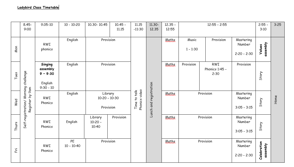 Ladybird Class Timetable